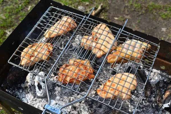 Frango churrasco sobre uma lareira no verão — Fotografia de Stock