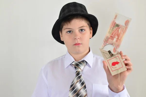 Boy teenager with a mousetrap in hands of — Stock Photo, Image