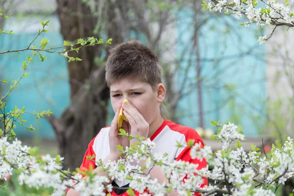 Chlapec s alergickou rýmou v jarní zahradě — Stock fotografie