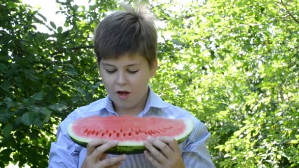 Adolescent garçon manger tranche de pastèque sur la nature — Video