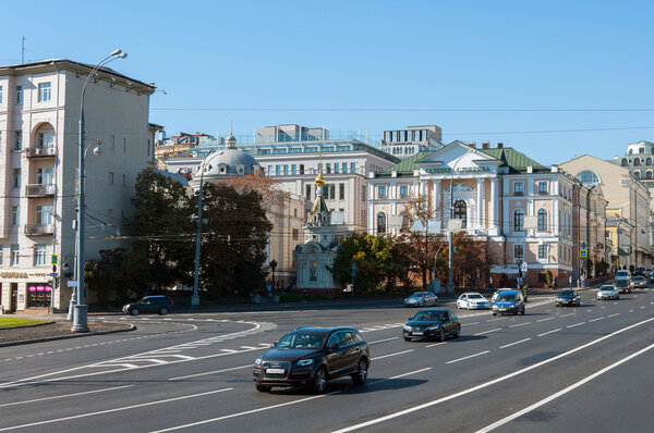 Moscow, Russia - 09.21.2015. View of the main street Znamenka and Gallery of national artist of USSR Alexander Shilov.