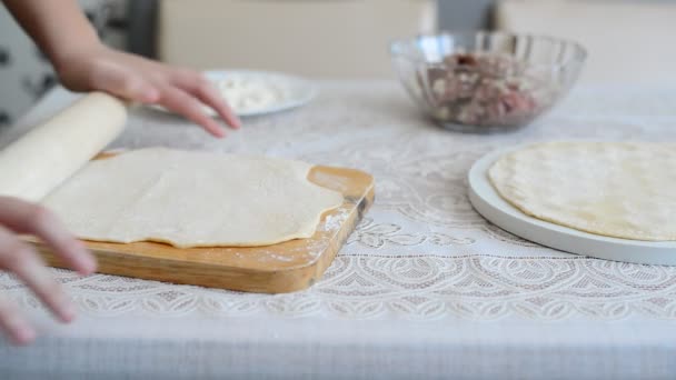 Childrens handen uitrollen een deeg voor pelmeni — Stockvideo