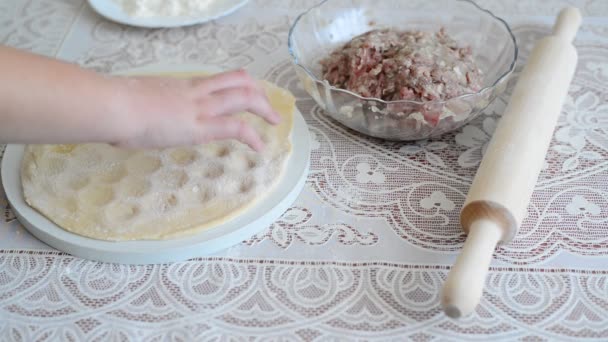 Çocuk elleri evde mantı hazırlanıyorlar — Stok video