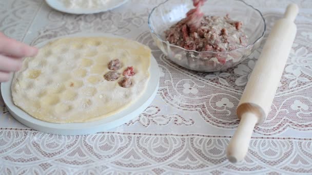 Barnens händer förbereder pelmeni hemma — Stockvideo