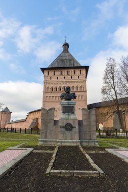 Suzdal, Russia -06.11.2015. Dmitry Pozharsky monument in square in front St. Euthymius monastery at Suzdal was built 16th century. Golden Ring of Russia Travel