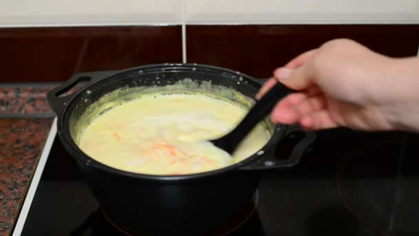 Woman mixes cheese soup in a saucepan on stove — Stock Video