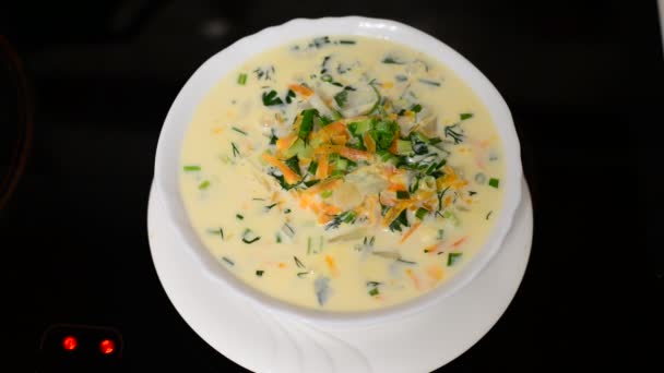 Lempeng dengan keju sup di atas kompor — Stok Video