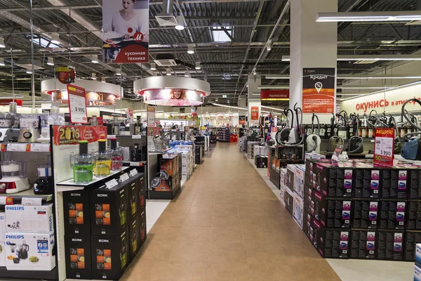 Khimki, Rusia - 22 de diciembre de 2015. Interior Mvideo grandes cadenas de tiendas que venden electrónica y electrodomésticos — Foto de Stock