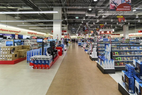 Khimki, Rusia - 22 de diciembre de 2015. Interior Mvideo grandes cadenas de tiendas que venden electrónica y electrodomésticos —  Fotos de Stock