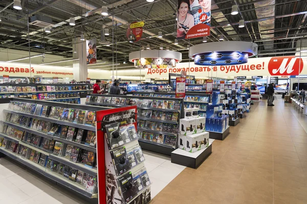 Khimki, Rusia - 22 de diciembre de 2015. Interior Mvideo grandes cadenas de tiendas que venden electrónica y electrodomésticos —  Fotos de Stock