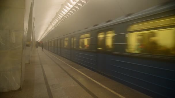 Moscow, Rusland - 17 januari 2015. De trein vertrekt Kuznetsky Most metro stadium. Lichte nevel in de metro — Stockvideo