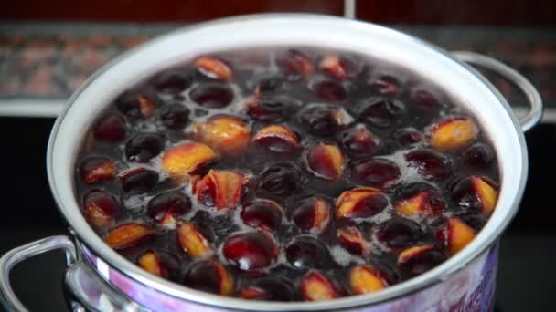 Plum compote boil in saucepan on the stove — Stock Video