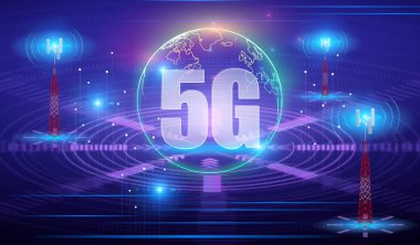 Telekomünikasyon kuleleri ile soyut 5G kavramsal bilgi teknolojileri arka plan illüstrasyonu