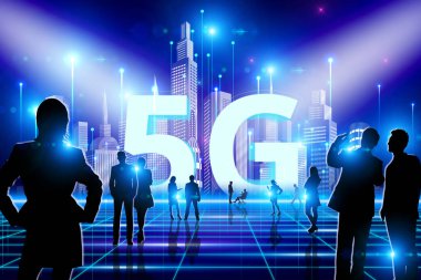 5G kavramsal bilgi teknolojileri illüstrasyonu- bir grup insan silueti ile arka plan: toplantı, tartışma, sunum, açılış vs..