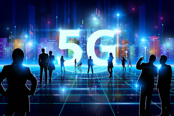 Иллюстрация концептуальных информационных технологий 5G - фон с силуэтами группы людей: встреча, обсуждение, презентация, открытие и т.д..