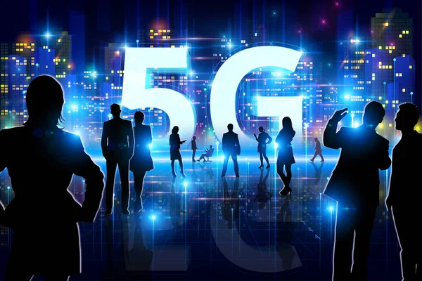 5G conceptual information technologies illustration- background with group of people silhouettes: meeting, discussing, presentation, opening etc.