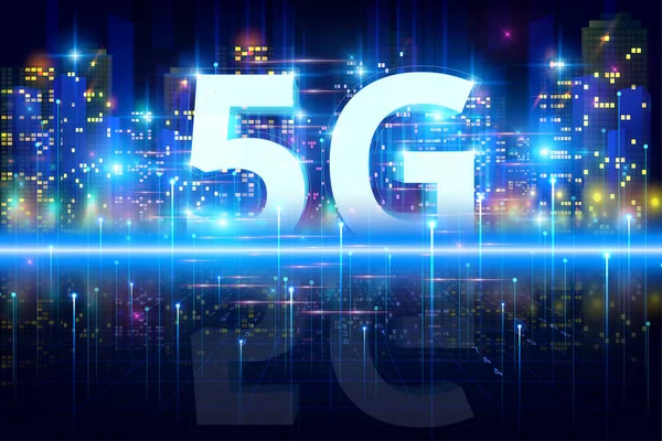 Stylize şehir ile 5G kavramsal bilgi teknolojileri arka plan illüstrasyonu