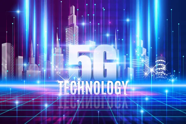 5G conceptual information technologies background illustration with stylized city
