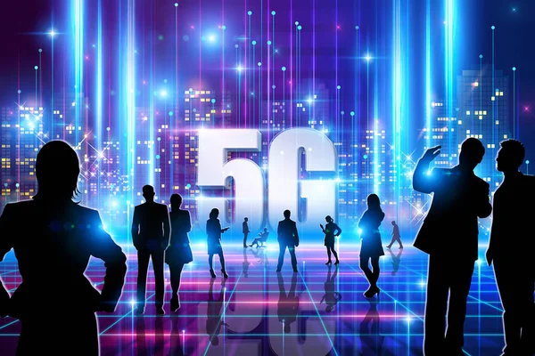 5G conceptual information technologies illustration- background with group of people silhouettes: meeting, discussing, presentation, opening etc.