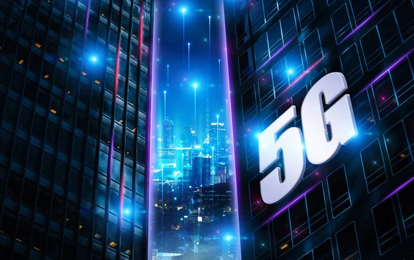 5G概念情報技術背景都市高層ビル図 — ストック写真