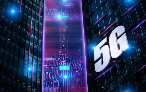 Abstract 5G conceptual information technologies background illustration with city skyscrapers