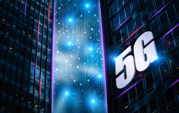 Abstract 5G conceptual information technologies background illustration with city skyscrapers