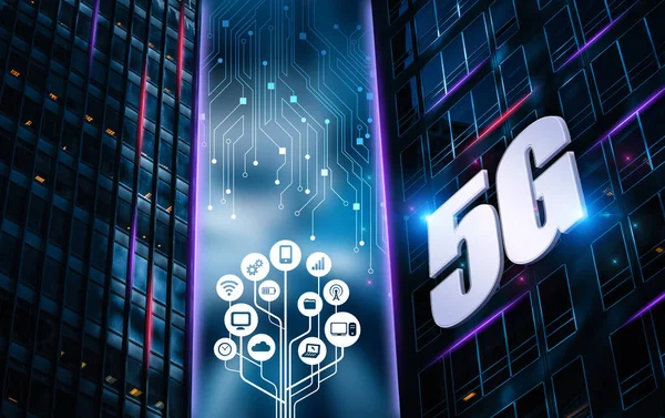 Abstract 5G conceptual information technologies background illustration with city skyscrapers