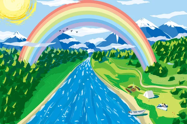 虹と川沿いのカップルと絵のようなブラシストロークのスタイルでベクトル風景 Eps 風景の断片は 層で区切られています 森林別など — ストックベクタ
