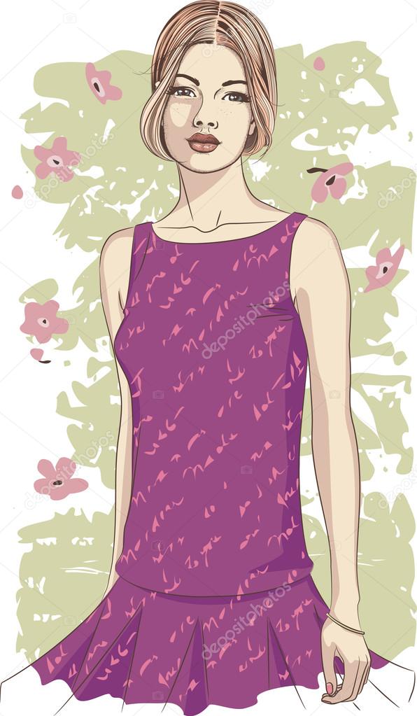 Young woman in a lilac dress
