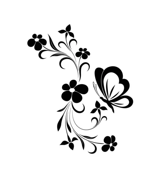 Siyah Beyaz Arka Planda Çiçek Desenlerinin Vektör Çizimi Kelebek Dövmesi — Stok Vektör