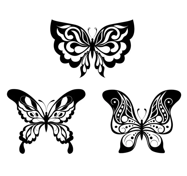 Set papillons blancs noirs d'un tatouage — Image vectorielle