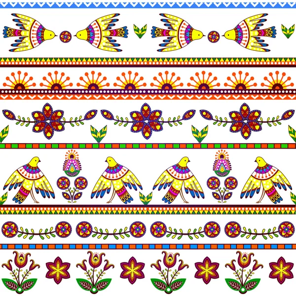 Seamless pattern with birds and flowers. Floral stripes background, tribal texture. Vector, EPS10. — Stock Vector