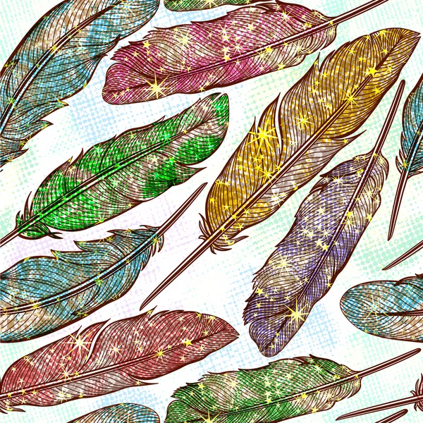 Padrão sem costura com penas brilhantes, efeito metálico. Vector, EPS10 — Vetor de Stock