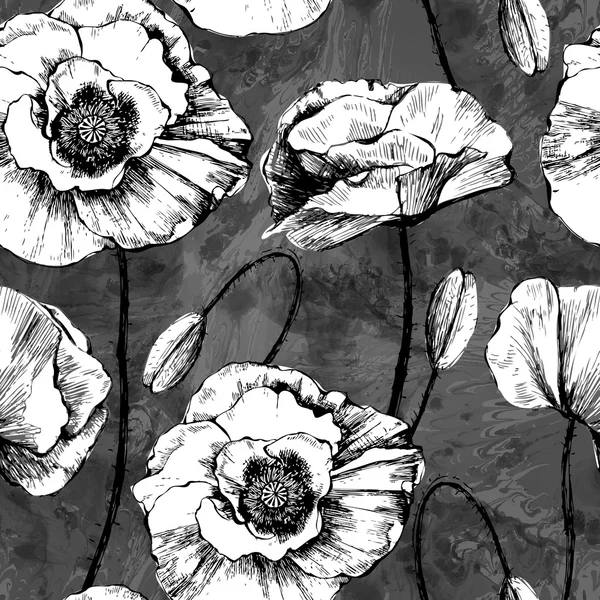 Seamless pattern of black and white poppies. Vector illustration in retro style, EPS10. — 스톡 벡터