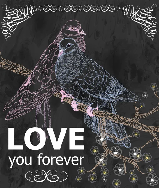 Greeting card with birds. Love you. Vector illustration in retro style, EPS10. — Stock vektor