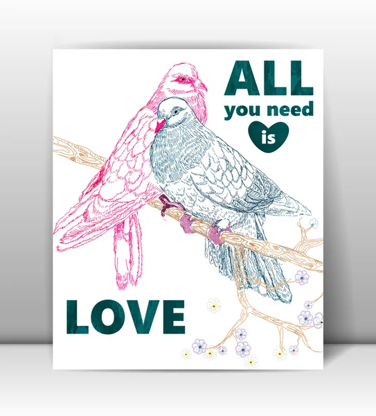 Cartão de saudação com pássaros. Adoro-te. Ilustração vetorial em estilo retro, EPS10 . — Vetor de Stock