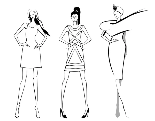 Modèles de mode. Croquis. Ensemble de femmes ou de filles vectrices . — Image vectorielle