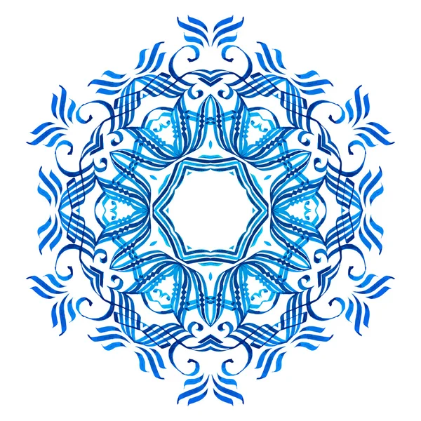 Vetor mandala aquarela azul. Elemento caligráfico abstrato para o seu design, ornamento de renda. Padrão redondo em estilo oriental . —  Vetores de Stock