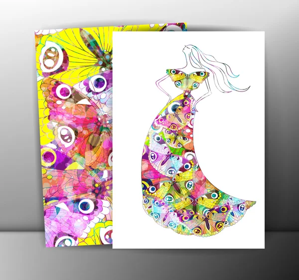 Fashion kvinder i skitse stil. Lykønskningskort med abstrakt sommerfugl pige. Perfekt til enhver anden form for design. Vektorillustration, EPS10 . – Stock-vektor