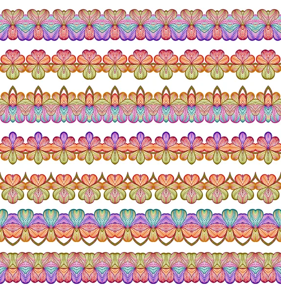 Linhas de fronteira sem costura coloridas definidas. Padrão listrado étnico fundo em cores brilhantes. Ilustração vetorial . —  Vetores de Stock