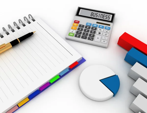 Bloco de notas em espiral em branco com caneta, calculadora de escritório e gráfico de barras . — Fotografia de Stock