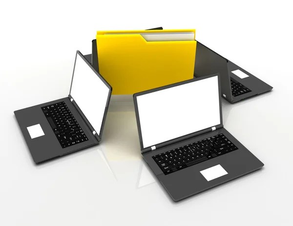 Cartella del computer con documenti che condividono i dati dai computer portatili — Foto Stock