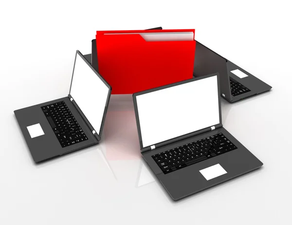 Computer Folder with Documents Sharing Data from Laptops — Stock Photo, Image