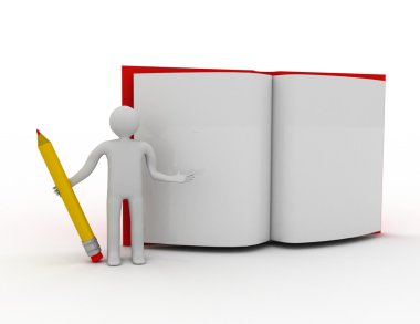 3D insanlar - adam, bir kalem ve bir kitap olan kişi