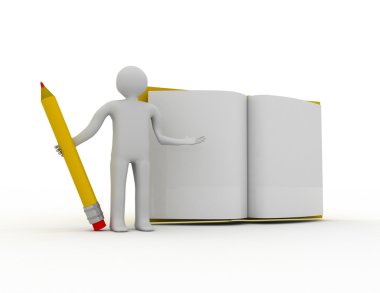 3D insanlar - adam, bir kalem ve bir kitap olan kişi