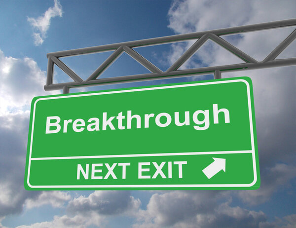 Green overhead road sign with a Breakthrough