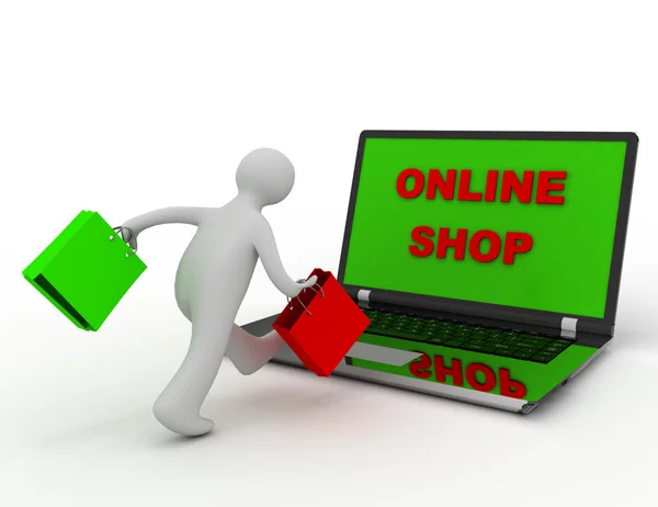 3D-man met zakken naar de online shop te gaan. online winkelen concept — Stockfoto