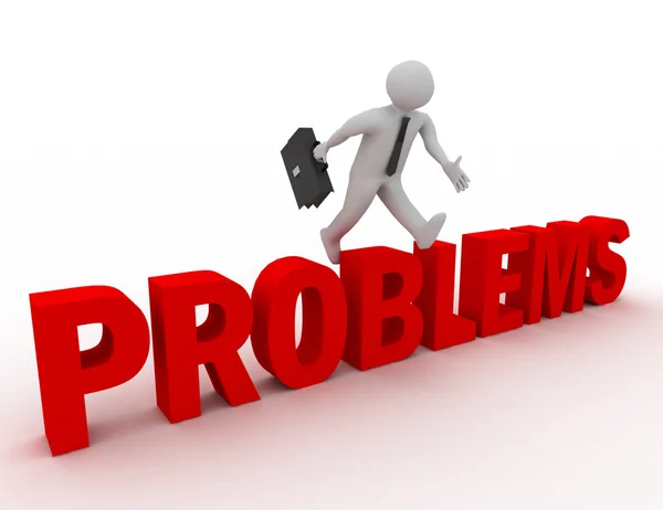 3D-s üzletember ugrott át "problémák" szó-val fehér háttér mintázata — Stock Fotó