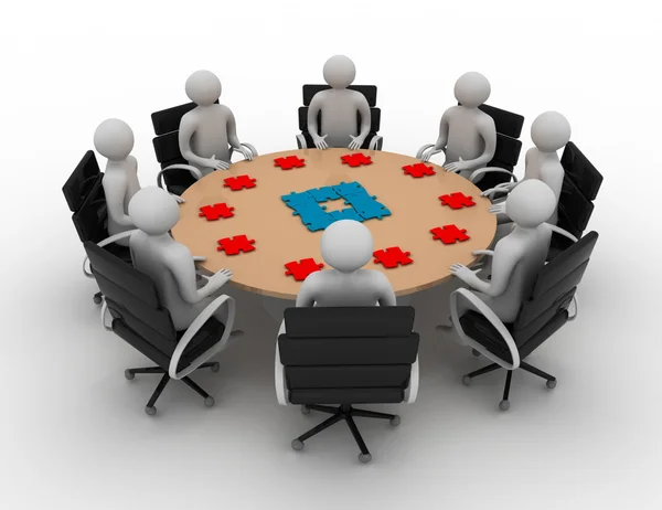 3d empresários em torno da mesa e peças de quebra-cabeça na frente deles — Fotografia de Stock