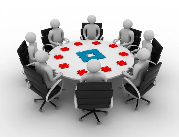 3d uomini d'affari intorno al tavolo e pezzi di puzzle di fronte a loro — Foto Stock